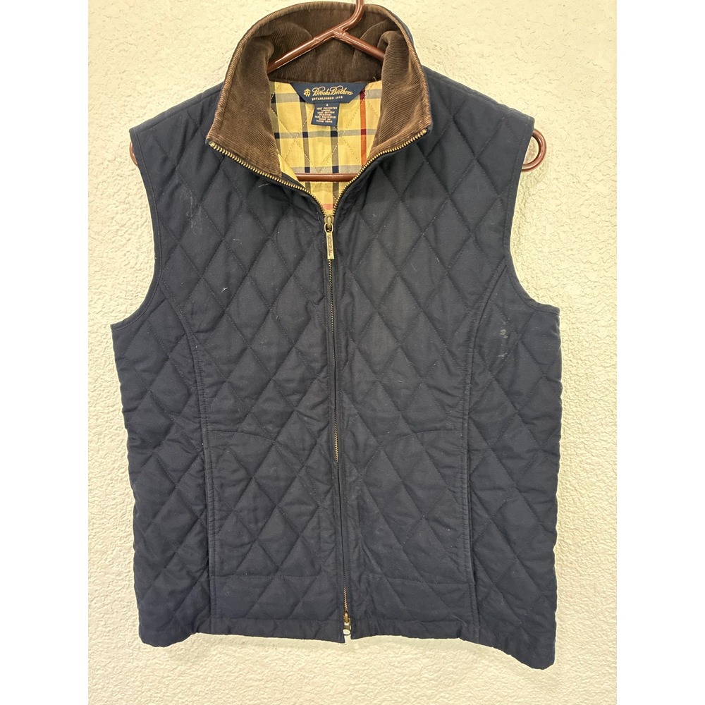 Brooks Brothers Navy Blue Quilted Vest Corduroy Collar Plaid Lined Womens 4